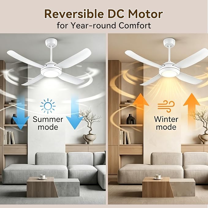48" Ceiling Fans with Lights,Low Profile Ceiling Fan with Lights and Remote Control,Smart Ceiling Fan,Noiseless Reversible DC Motor,4 Blade White Ceiling Fans,Ceiling Fan for Indoor/Outdoor