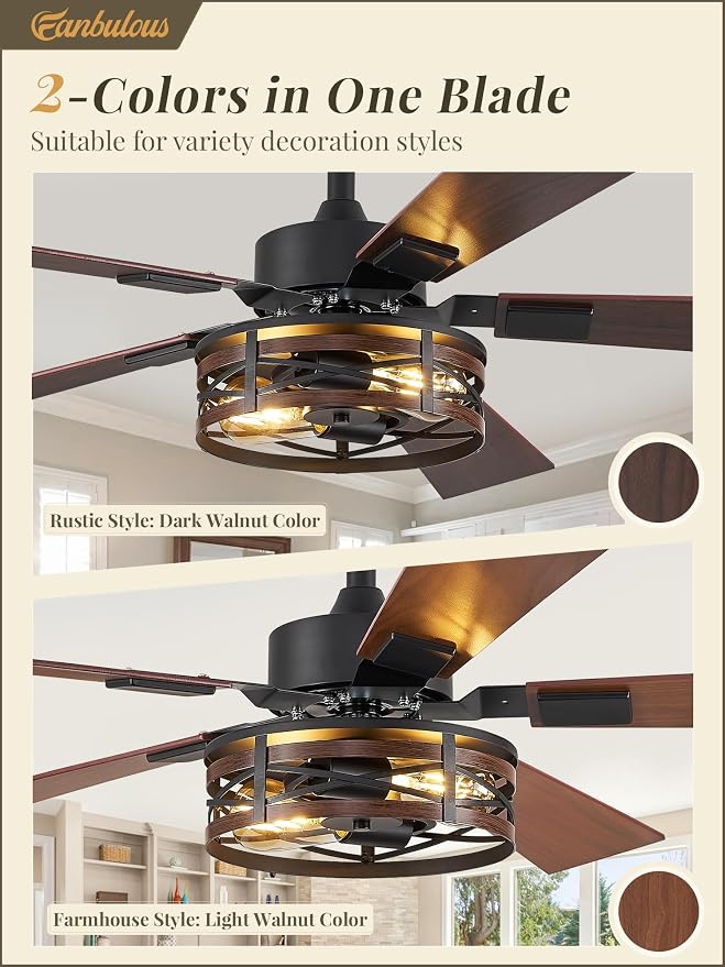 Fanbulous Farmhouse Ceiling Fans with Light, 48 Inch Bedroom Ceiling Fan with Lights, 6-Speed Adjustable, Quiet and Reversible DC Motor, Dual Finish 5 Blades, Rustic Caged Ceiling Fan for Living Room