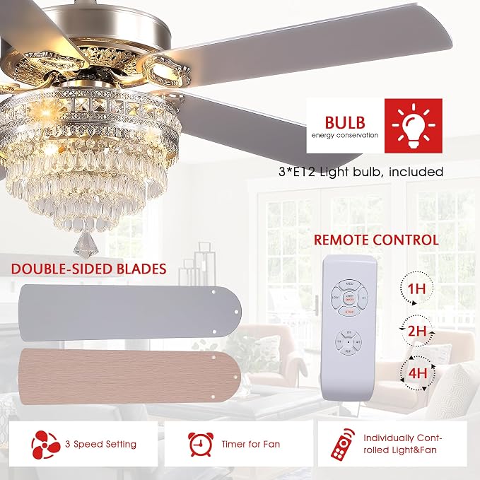 GJeg Crystal Ceiling Fan Fandelier with Lights - Retro Outdoor Fans with Remote Control, Farmhouse Ceiling Fan with Noiseless AC Reversible Motor,Dining Room,Living Room(52" Silver)