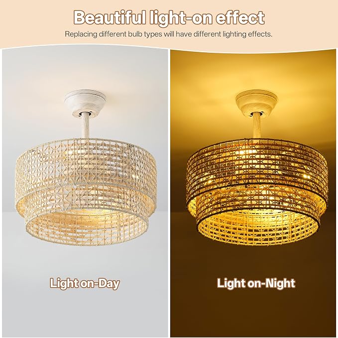 20" Boho Ceiling Fans with Lights, Rattan Fandelier Chandelier Ceiling Fan with Light Remote Control, Caged with 6 Speeds for Bedroom, Nursery