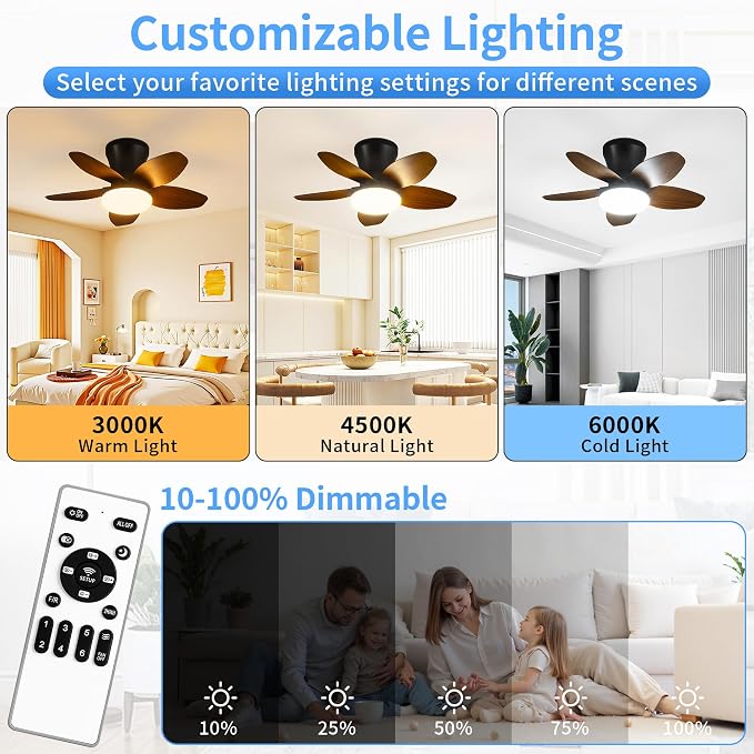 25" Small Ceiling Fans with Lights & Remote,Flush Mount Reversible 6 Speeds | 5 Blades, Adjustable Color Temperature, Dimmable, Timer, Low Noise for Bedroom, Kitchen, Study, Laundry Room, Brown
