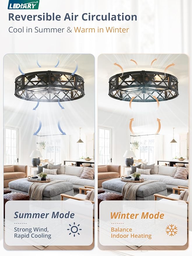 LEDIARY 23" Caged Ceiling Fan with Light, APP&Remote Control, Large Flush Mount Modern Fan Lights, Low Profile Rustic Bladeless Ceiling Fan Fixtures for Bedroom, Kitchen-Black Color