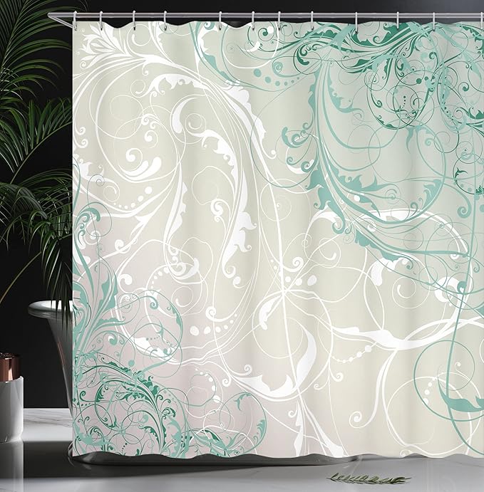 Ambesonne Floral Shower Curtain, Baroque Swirl Branches Curved Flower Leaves Shabby Form Nature Pattern, Cloth Fabric Bathroom Decor Set with Hooks, 69" W x 70" L, Coconut Seafoam