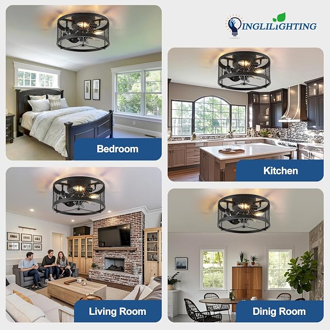 DLLT Caged Ceiling Fans with Light: 13" Small Outdoor Farmhouse Ceiling Fan with Remote App Control - Black Rustic Semi Flush Mount Bladeless Enclosed Fan for Bedroon Kitchen E12 Bulbs Not Included