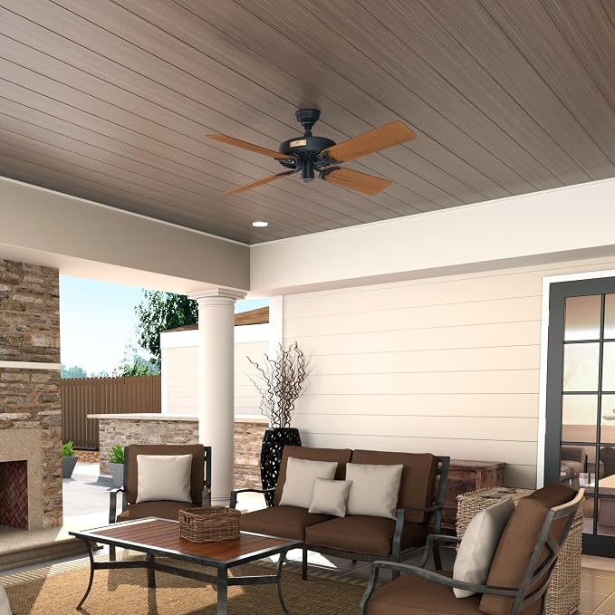 Hunter 52 inch Outdoor or Indoor Ceiling Fan No Light - Black Ceiling Fan without Light, For Patio, Porch, Garage, Living Room, Standard Mount, 5 Teak Blades, Pull Chain - Original 23863, Matte Black