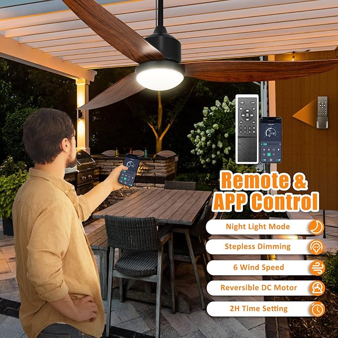 Depuley Outdoor Ceiling Fan with Light: 52 Inch Gazebo Fan Outdoor Hanging - Plug in Fan for Patio Waterproof - Dimmable Fans with Lights Remote App Control - Walnut