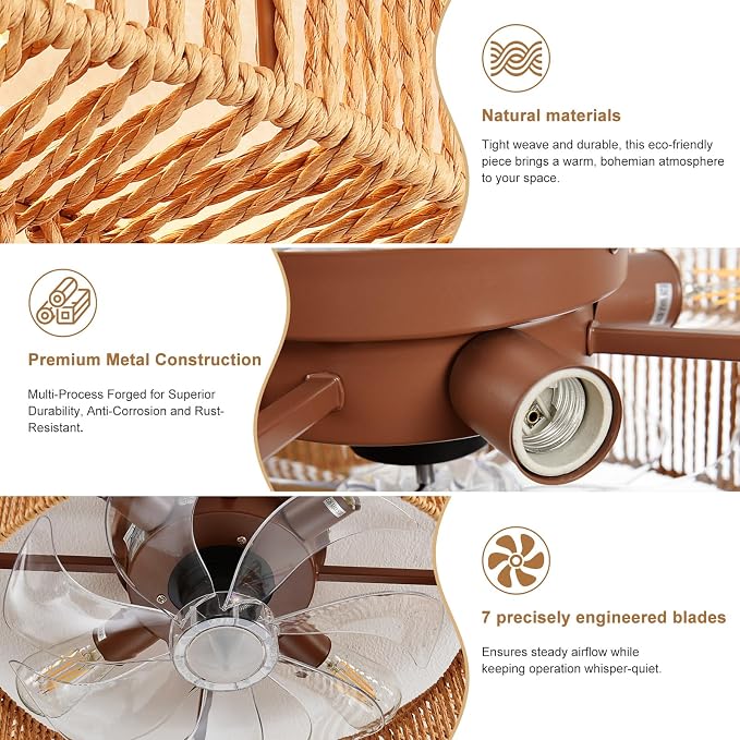 Depuley Boho Ceiling Fan with Light: 20 Inch Double Layer Textured Rope Flush Mount Fandelier with Remote and Timer - Caged Ceiling Fan with 6 Speeds - Indoor Quiet Fan for Bedroom and Living Room
