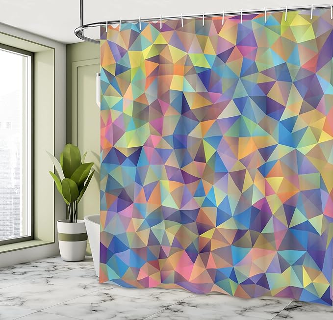 Ambesonne Abstract Shower Curtain, Abstract Colorful Triangles Shapes Ornate Fractal Mosaic Formation Illustrations, Cloth Fabric Bathroom Decor Set with Hooks, 69" W x 70" L, Yellow
