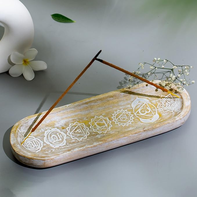 raajsee Wooden Rosewood Incense Holder - Incense Burner - Ash Catcher - Incense Stick Holder - Meditation & Yoga - Great Gift for Any Occasion Size 11x4 inch (Seven Chakra White)