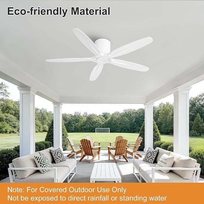 WINGBO 54" Flush Mount Ceiling Fan No Light - 5 Carved Solid Wood Blades, 6-Speed Reversible DC Motor, Dimmable, 3CCT, Low Profile Ceiling Fans without Lights for Bedroom Living Room, White