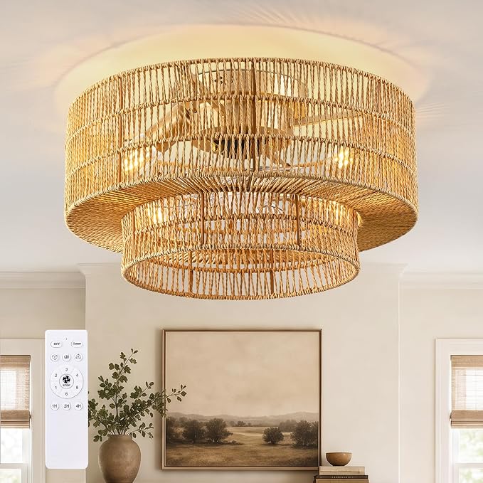 20" Boho Caged Ceiling Fan Light with Remote, Rattan Fandelier Ceiling Fan | Flush Mount Ceiling Fan, 6 Wind Speeds, Reversible, Enclosed Ceiling Fan for Bedroom, Living Room, Dining Room, Nursery