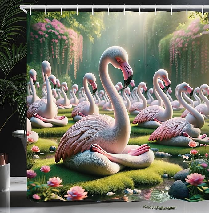 Ambesonne Flamingo Shower Curtain, Serene Birds Surreal and Peaceful Nature Scenery Forest and Lake, Cloth Fabric Bathroom Decor Set with Hooks, 69" W x 70" L, Soft Pink and Lime Green