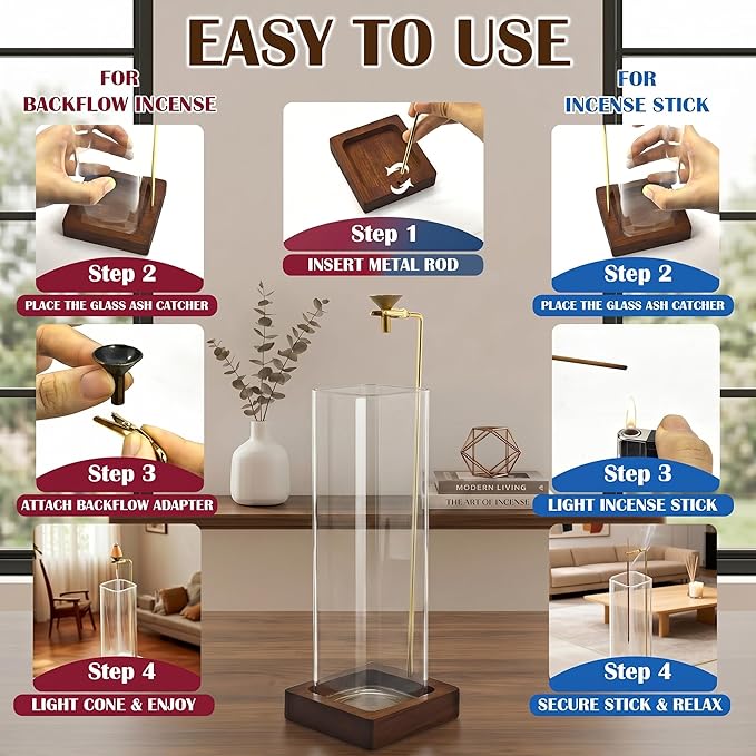 Glass Incense Holder, Hanging Incense Stick Burner with Ash Catcher, 2 in 1 Backflow Cone Holder on Wooden Base, Anti-Ash Zen Decor for Meditation, Yoga（Square）