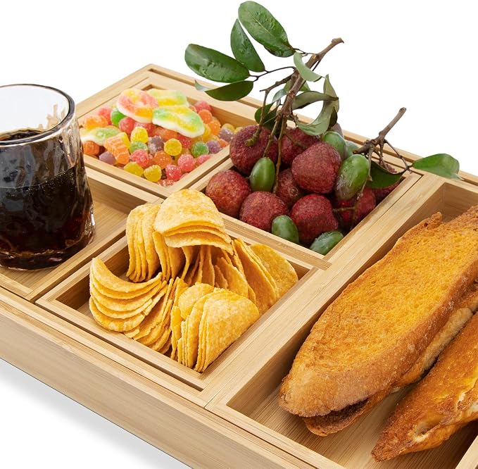 Wood Serving Tray with Handle, Set of 7 Nesting Rectangular Trays for Party | 4 Sizes Tray-Snacks to Entrees,Decorative Serving Platter for Breakfast Bed,Lunch,Ottoman,Coffee Table,BBQ-Great for Lap&Sofa