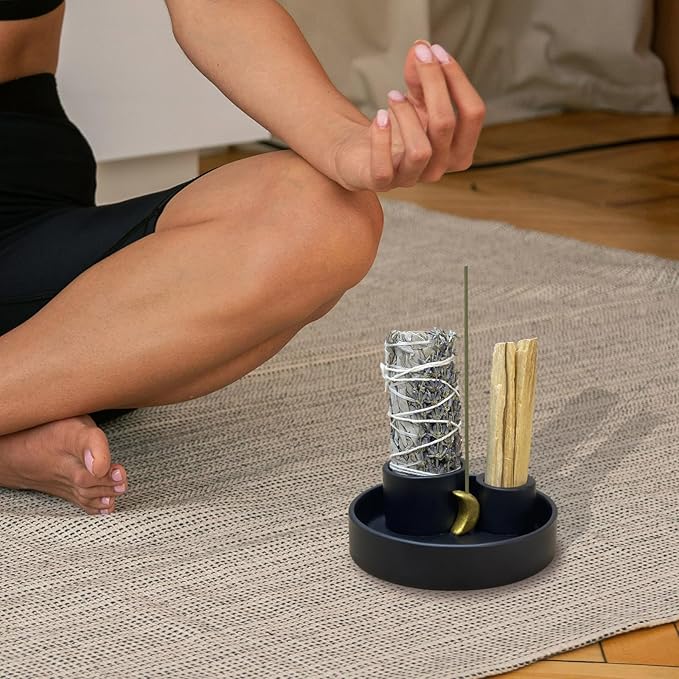 4 in 1 Incense Burner Holder, Palo Santo Holder, Sage Holder for Burning, Ceramic Incense Sticks Holder for Meditation Yoga Room Home Decor(Black)
