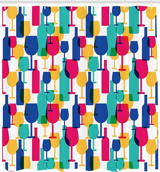 Ambesonne Winery Shower Curtain, Colorful Silhouettes of Cocktail Glasses and Wine Bottles Pattern Bar Party Alcohol Drinks, Cloth Fabric Bathroom Decor Set with Hooks, 69" W x 84" L, Magenta Navy