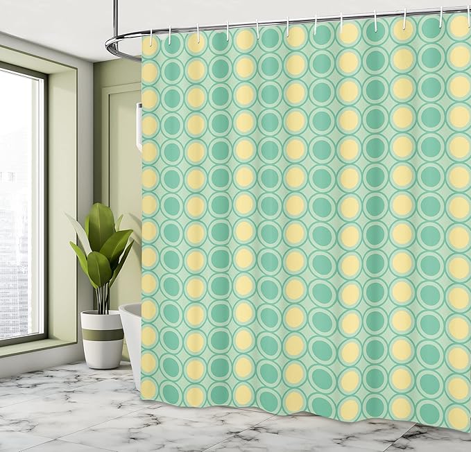 Ambesonne Retro Shower Curtain, Big Circles and Dots Pattern in Green Yellow Colors Geometrical, Cloth Fabric Bathroom Decor Set with Hooks, 69" W x 70" L, Pale Yellow Mint Green