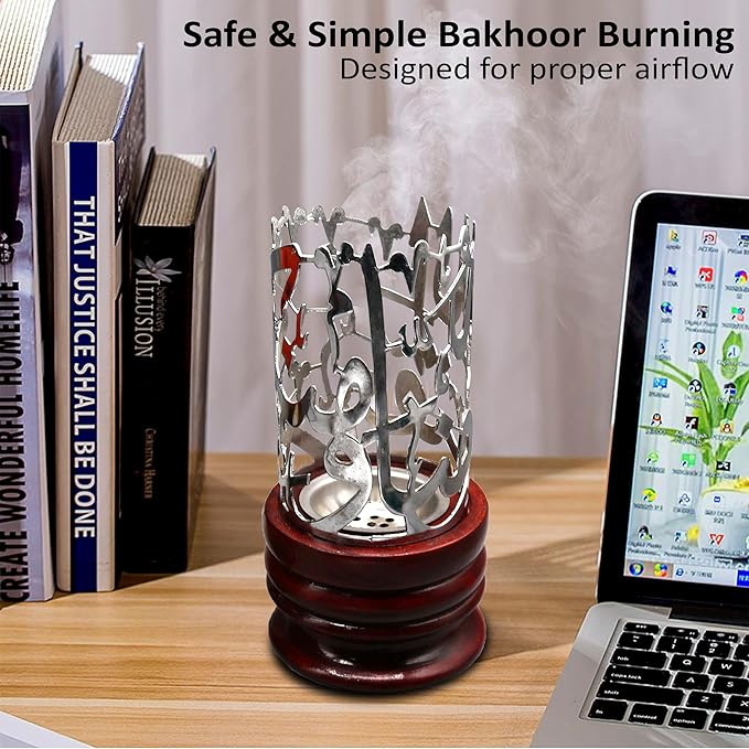 AM Bakhoor Calligraphy Incense Burner - Metalic Resin Cone Holder | Wooden Base | Frankincense Charcoal Burner Mabkhara | Spiritual Gifts for Office & Home Decor (Silver)