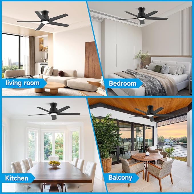 ocioc 44 inch Ceiling Fans with Lights and Remote, Dimmable Ceiling Fans with Reversible Quiet DC Motor, Flush Mount, 3CCT, Black Ceiling Fan for Bedroom Living room Indoor/Outdoor