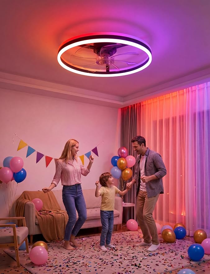 NIORSUN RGB Ceiling Fans with Lights and Remote, Modern Smart LED Ceiling Fans Light, 6 Speeds & 3000K-6500K Dimmable, Quiet Bladeless Fandelier Ceiling Fan with Light for Bedroom(24Inch, Black)