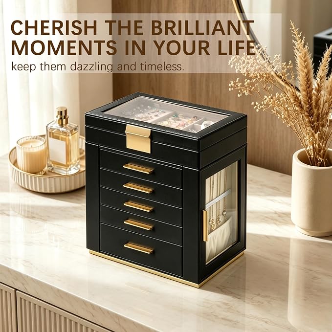 Homeanda 6-Layer Jewelry Boxes for Women, Large PU Leather Storage Organizer with 5 Drawers Glass Lid Case for Rings Necklaces Earrings Bracelets Watches, Gift for Wife and Girls (Black)