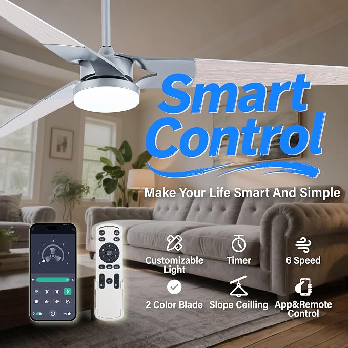 Ceiling Fan with Lights and Remote, 3 Blade App Control Timer Reversible Stepless Brightness and Color Temperature Outdoor Wood Ceiling Fan with Lights (Silver, 60 In'ch)