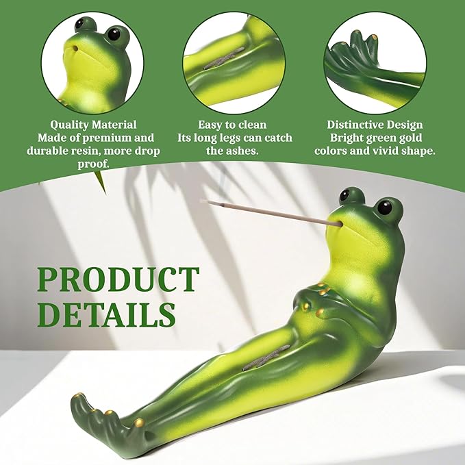 Frog Incense Stick Holder, Green Frog Incense Burner with 30 Sandalwood Sticks, Ash Catcher Stand Gift for Aromatherapy, Yoga, Relaxing Meditation, Home Living Room Office Decor