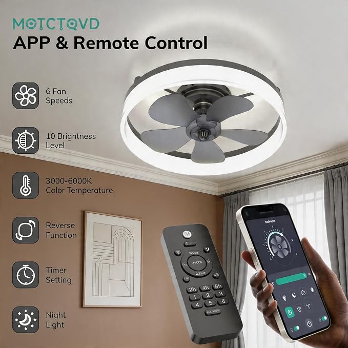 Ceiling Fans with Lights and Remote, 19.7" Dimmable LED, Black | Low Profile Ceiling Fan with Light, 6-Speed Reversible DC Motor, 3000K-6000K Fandelier for Bedroom, Living Room