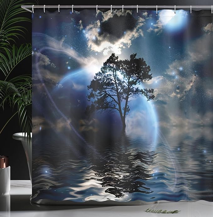 Ambesonne Fantasy Shower Curtain, Water Night View Dark Clouds Stars Moonlight Skylights Rays Tree Reflection on Sea Print, Cloth Fabric Bathroom Decor Set with Hooks, 69" W x 70" L, Navy