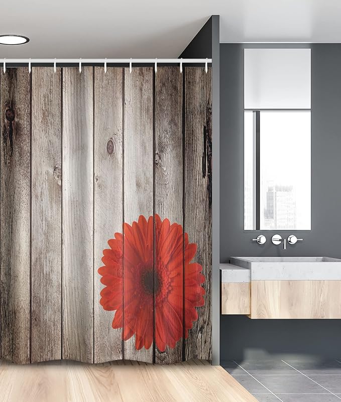 Ambesonne Rustic Stall Shower Curtain, Flower Red Dahlia on Foreground of Murky Featured Dated Wooden Board Retro Art Print, Fabric Bathroom Decor Set with Hooks, 54" W x 78" L, Brown