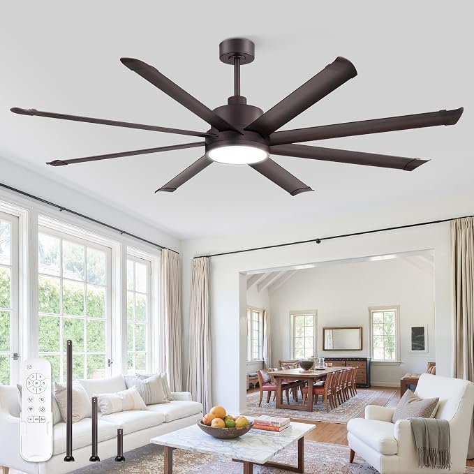 ZMISHIBO 72 Inch Ceiling Fans with Lights, Indoor/Outdoor Industrial Ceiling Fan with 8 Aluminum Reversible Blade, Quiet DC Motor, 3CCT&6-Speed Remote Control, Damp Rated for Living Room/Garage/Gazebo