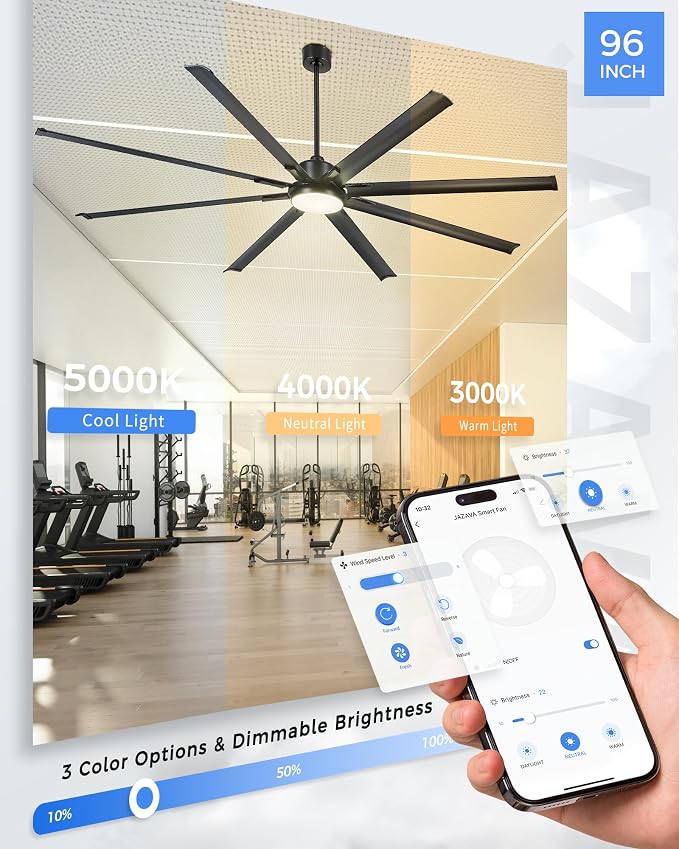 96-Inch Industrial Ceiling Fan with Lights and Remote - Extra Large Indoor Fan with 8 Aluminium Blades,Smart Fan Works with Voice Control,Model:ZCCF04BK-96