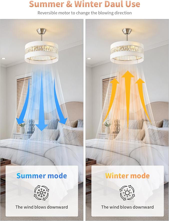 Silver and White Crystal Fandelier Ceiling Fans with Lights, 20" Farmhouse Rustic Ceiling Fan with Light Remote Control, Caged Mid-Century with 6 Speeds for Bedroom, Nursery, Living Room