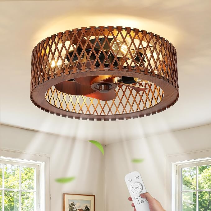 20" Farmhouse Flush Mount Ceiling Fan with Light, Low Profile Wooden Fandelier Ceiling Fan with Remote, 6 Speed Reversible Caged Ceiling Fans with Lights for Bedroom Kitchen Living Room