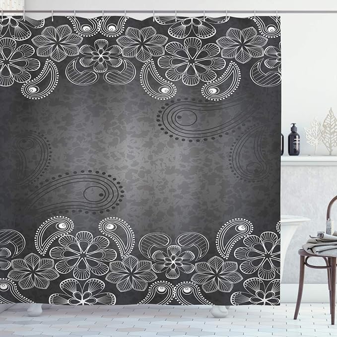 Ambesonne Floral Shower Curtain, Classic Victorian in Dark Contrast Tones with Paisley Petal Floret Image, Cloth Fabric Bathroom Decor Set with Hooks, 69" W x 70" L, White Grey
