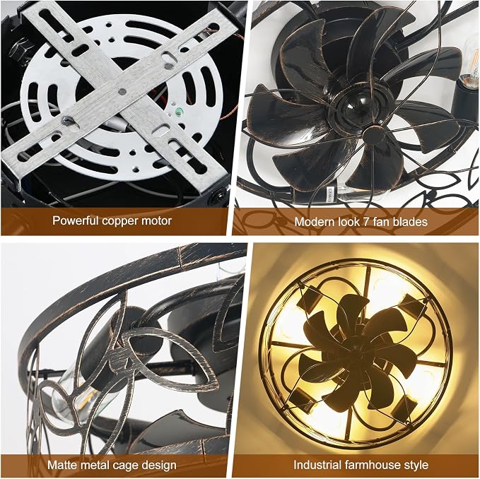 Garwarm Caged Ceiling Fan with Light,18in Rustic Industrial Ceiling Fans with Lights and Remote,Bladeless Fandelier Ceiling Fan,Small Flush Mount Ceiling Fan for Kitchen,Bedroom(6 Speed,Timing)-Bronze