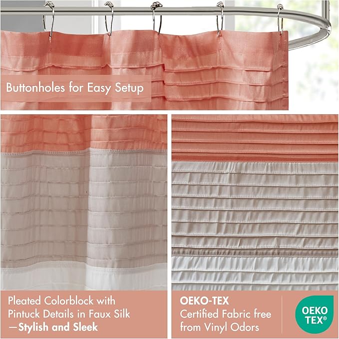Madison Park Amherst Bathroom Shower Curtain Faux Silk Pieced Striped Modern Microfiber Bath Curtains, 72x84 Inches, Coral