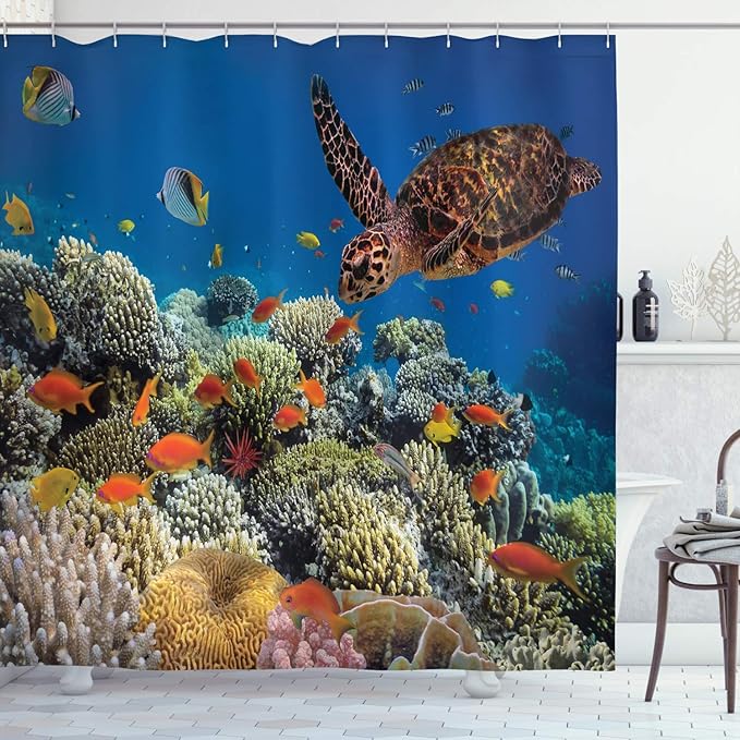 Ambesonne Ocean Shower Curtain, Fishes Old Turtle Hawksbill Floats Under Water Coral Reefs Dahab Red Sea, Cloth Fabric Bathroom Decor Set with Hooks, 69" W x 75" L, Orange Brown