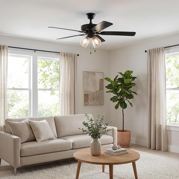 Kichler Basics Pro Premier 52 in Ceiling Fan with Light, Reversible Blade Indoor Fan with 4200 CFM High Airflow in Satin Black, LED Bulbs Included for Bedroom or Kitchen, 330016SBKS