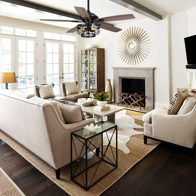 52 Inch Farmhouse Ceiling Fans with Lights and Remote Control, 5 Blades Lighting & Ceiling Fans with Timer, 3 Speeds Reversible Motor, Outdoor Ceiling Fan for Living Room, Bedroom, Patio