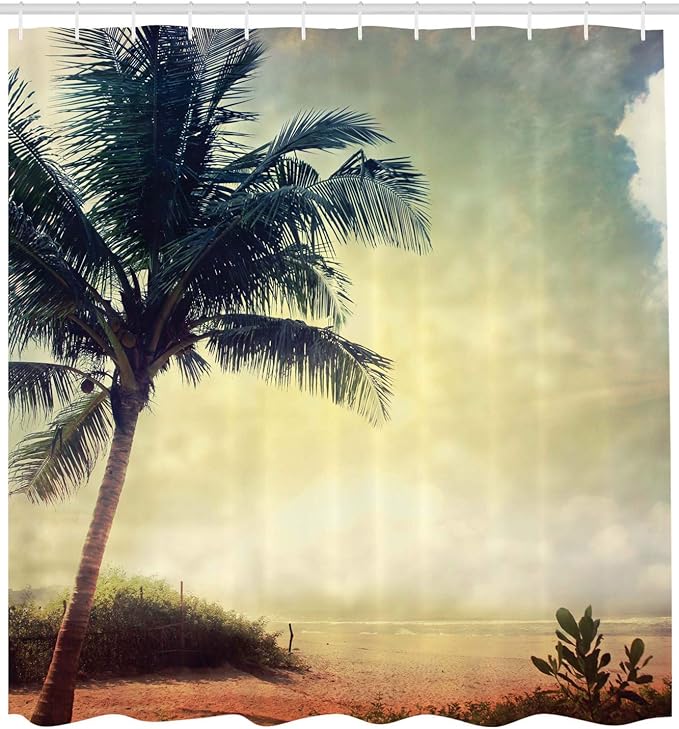 Ambesonne Hawaiian Shower Curtain, Natural Beach Sunset with Palm Silhouettes Shrubs Sea Clouds and Sand Landscape, Cloth Fabric Bathroom Decor Set with Hooks, 69" W x 84" L, Brown Teal