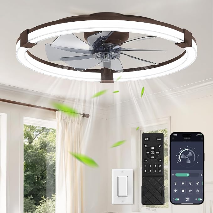 LEDIARY Ceiling Fans with Lights, 23 Inch Low Profile Ceiling Fan with Remote, 6 Speeds, Reversible, Dimmable Flush Mount Fan Light, Modern Fandelier Ceiling Fan with Lights for Bedroom, Brown