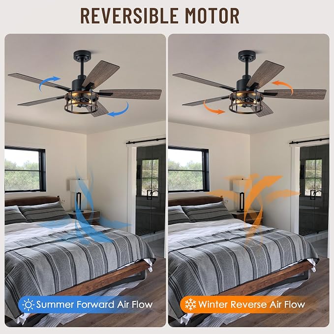 52" Farmhouse Ceiling Fans with Lights and Remote Control | Reversible Motor,5 Double Finish Wood Blades,Black Rustic Industrial Caged Ceiling Fan with Light for Living Room/Dining Room