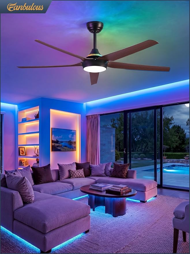 Fanbulous 56'' Smart Ceiling Fans with RGB Lights, Modern Ceiling Fan with Alexa/App/Remote Control, Dimmable LED Light, Reversible DC Motor, for Living Room, Bedroom, Game Room, Walnut