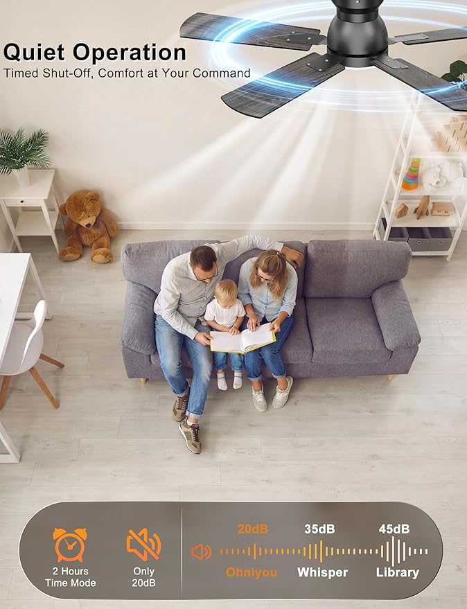 Ohniyou Ceiling Fans with Lights, 42 Inch Low Profile Ceiling Fan with Light and Remote/APP Control, Flush Mount, Dimmable, Quiet DC Motor, Black Small Indoor Ceiling Fan for Bedroom, Kitchen
