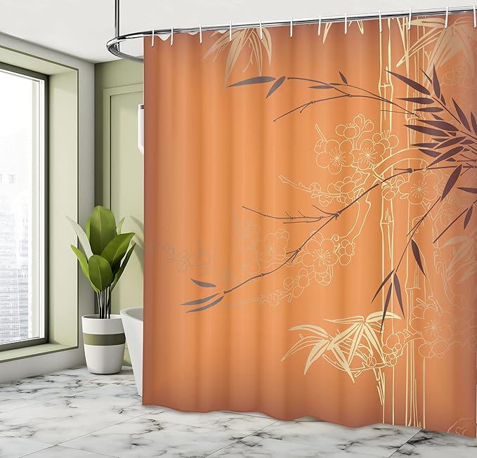 Ambesonne Asian Themed Shower Curtain, Ethnic Branches and Flowers Illustration Eastern Nature Theme, Cloth Fabric Bathroom Decor Set with Hooks, 69" W x 70" L, Orange Yellow and Brown