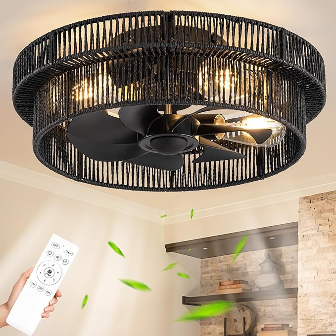 Handwoven Boho Ceiling Fans with Lights Flush Mount,Rattan Farmhouse Caged Fandelier Low Profile Enclosed Chandelier Fan with 6 Speeds for Bedroom,Nursery,Dining Room(Black)