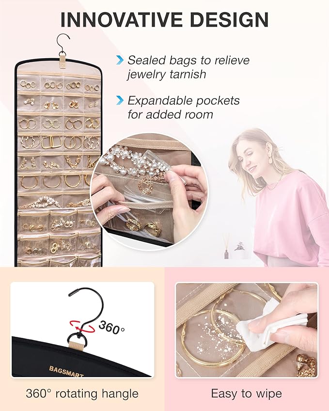 BAGSMART Hanging Jewelry Organizer, Necklace Holder Anti-tangle with Storage Bag,1 Piece, Large, Black