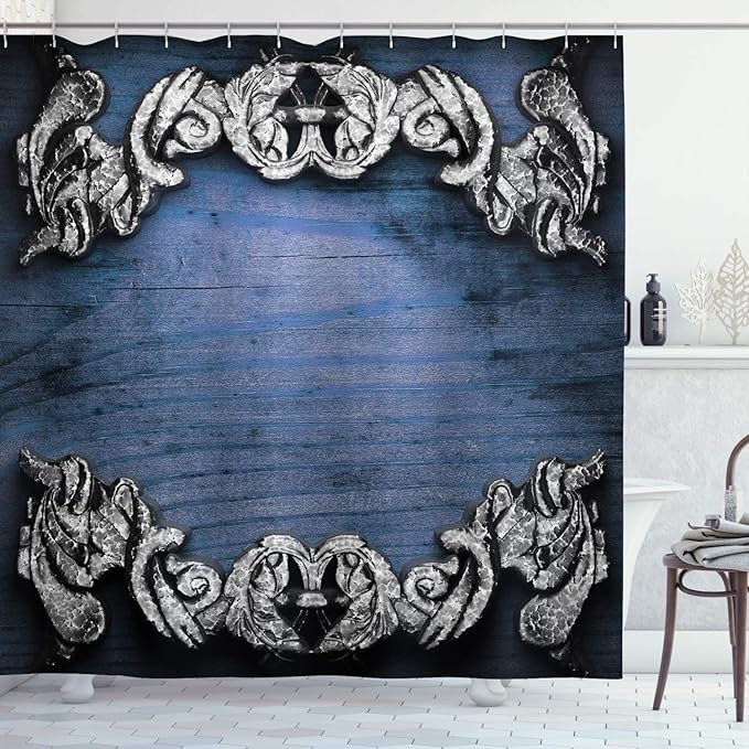 Ambesonne Victorian Shower Curtain, Iron Ornament on Wooden Britain Gothic Revival Art Peace Print, Cloth Fabric Bathroom Decor Set with Hooks, 69" W x 70" L, Dark Blue Grey