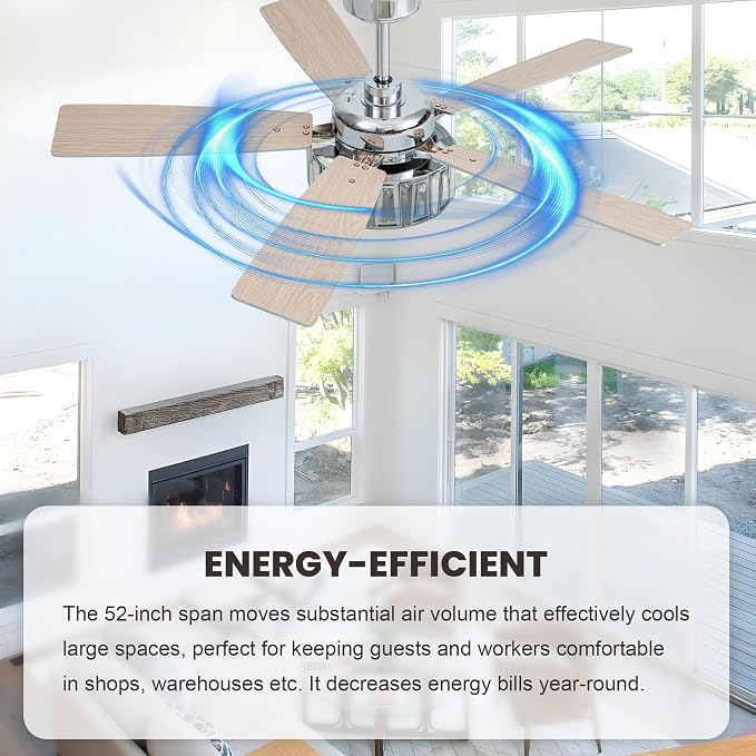 Dawn Whisper 52" Crystal Chandelier Ceiling Fans with Lights and Remote | Modern Design Quiet Reversible DC Motor 6 Speeds Timer for Living Room Bedroom